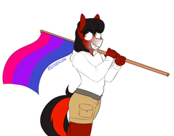 Size: 970x755 | Tagged: safe, artist:redxbacon, derpibooru import, oc, oc:florid, anthro, earth pony, bisexual, bisexual pride flag, clothes, flag, pride, pride month, red and black oc, solo