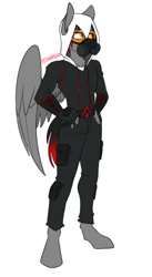 Size: 541x988 | Tagged: safe, artist:redxbacon, derpibooru import, oc, oc only, oc:shadow beat, anthro, pegasus, unguligrade anthro, anthro oc, assassin's creed, cargo pants, clothes, fingerless gloves, gas mask, gloves, goggles, hand on hip, hood, hoodie, male, mask, pants, simple background, solo, uniform, white background, wings