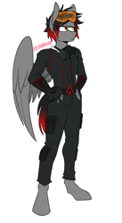 Size: 541x988 | Tagged: safe, artist:redxbacon, derpibooru import, oc, oc only, oc:shadow beat, anthro, pegasus, unguligrade anthro, amber eyes, anthro oc, assassin's creed, cargo pants, clothes, fingerless gloves, gas mask, gloves, goggles, hand on hip, hoodie, male, mask, pants, simple background, solo, uniform, white background, wings