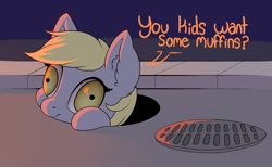 Size: 2000x1231 | Tagged: safe, artist:evehly, derpibooru import, derpy hooves, pegasus, pony, adoracreepy, creepy, cute, derp, dialogue, female, food, grimderp, it, looking at you, manhole, mare, marehole, muffin, pennywise, seems legit, shrunken pupils, smiling, solo, street, wat, wide eyes