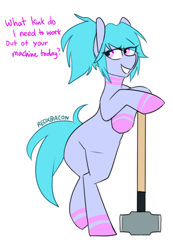 Size: 462x666 | Tagged: safe, artist:redxbacon, derpibooru import, oc, oc only, oc:light burst, earth pony, pony, bipedal, hammer, sledgehammer, smiling, solo