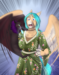 Size: 3274x4156 | Tagged: safe, artist:blackblood-queen, derpibooru import, oc, oc only, oc:dewberry, oc:willow breeze, anthro, bat, pegasus, anthro oc, clothes, crying, digital art, female, freckles, grandmother, jewelry, mare, necklace, story in the source, surprised