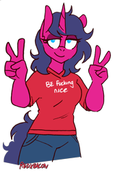 Size: 2396x3575 | Tagged: safe, artist:redxbacon, artist:threetwotwo32232, derpibooru import, oc, oc:fizzy pop, anthro, unicorn, clothes, colored, female, lidded eyes, mare, no pupils, peace sign, shirt, simple background, smiling, t-shirt, transparent background, vulgar