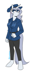 Size: 437x979 | Tagged: safe, artist:redxbacon, derpibooru import, oc, oc:platinum decree, anthro, unguligrade anthro, unicorn, clothes, explorer outfit, female, hat, mare, solo, unicorn oc