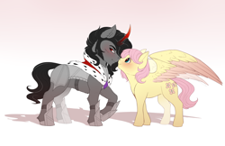 Size: 3400x2200 | Tagged: safe, artist:evehly, derpibooru import, butterscotch, fluttershy, king sombra, pegasus, pony, unicorn, :t, adorascotch, armor, belly fluff, blushing, boop, colored wings, colored wingtips, crack shipping, curved horn, cute, ear fluff, embarrassed, fluffy, frown, gay, gradient background, half r63 shipping, large wings, leg fluff, looking away, looking back, male, nose wrinkle, noseboop, raised hoof, rule 63, rule63betes, shipping, shoulder fluff, shyabetes, simple background, smiling, sombradorable, sombrascotch, sombrashy, spread wings, stallion, white background, wing fluff, wings