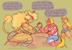 Size: 944x666 | Tagged: safe, artist:weasselk, applejack, big macintosh, little strongheart, anthro, buffalo, earth pony, amazon, amazonian, applebucking thighs, applerack, arm wrestling, ask strongheart, big strongheart, breasts, busty little strongheart, female, muscles, sitting, size difference, thighs, thunder thighs, tumblr