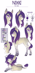 Size: 2200x4500 | Tagged: safe, artist:evehly, derpibooru import, oc, oc only, oc:nikki, donkey, hybrid, zebra, zonkey, absurd resolution, bags under eyes, choker, colored pupils, female, jewelry, necklace, piercing, purple eyes, purple hair, quadrupedal, reference sheet, solo, stripes