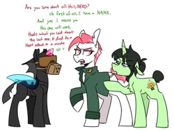 Size: 1071x809 | Tagged: safe, artist:redxbacon, derpibooru import, oc, oc only, oc:nano light, oc:raspberry split, changeling, earth pony, unicorn, cigarette, no you