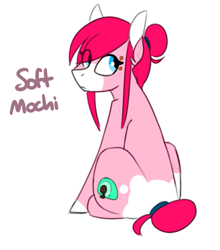Size: 583x661 | Tagged: safe, artist:redxbacon, derpibooru import, oc, oc only, oc:soft mochi, earth pony, pony, cutie mark, hair bun, looking at you, solo, text, transgender