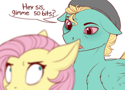 Size: 1280x921 | Tagged: safe, artist:evehly, derpibooru import, fluttershy, zephyr breeze, pegasus, pony, flutter brutter, annoyed, brother and sister, dialogue, drug addict, duo, female, floppy ears, fluttershy is not amused, hat, high, looking back, male, misleading thumbnail, out of focus, siblings, simple background, stoned, white background