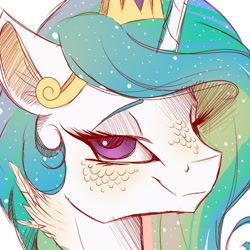 Size: 632x632 | Tagged: safe, artist:evehly, derpibooru import, princess celestia, alicorn, pony, bust, crown, female, jewelry, lidded eyes, looking at you, mare, portrait, regalia, scales, simple background, smiling, solo, white background