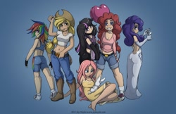 Size: 1224x792 | Tagged: safe, artist:jaynaylor, derpibooru import, angel bunny, applejack, fluttershy, pinkie pie, rainbow dash, rarity, twilight sparkle, human, 2010s, 2011, :o, alcohol, applejack's hat, applerack, back, balloon, barefoot, beautiful, beautisexy, belly button, belt, blue background, blue eyes, book, boots, breasts, choker, cleavage, clothes, cocktail glass, compression shorts, confident, cowboy boots, cowboy hat, cowgirl, dead eyes, denim shorts, dress, evening gloves, feet, female, fingerless gloves, freckles, gloves, goth, green eyes, grin, group, group photo, happy, hat, heart balloon, hootershy, humanized, jeans, kneepits, long gloves, looking at you, looking back, mane six, martini, midriff, multicolored hair, pants, pink eyes, pink hair, pinkie pies, purple eyes, rainbow hair, sexy, shoes, shorts, simple background, sitting, skunk stripe, smiling, sneakers, socks, sports bra, sporty style, tanktop