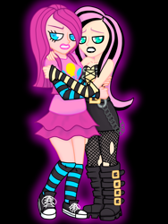 Size: 768x1024 | Tagged: safe, artist:lucyspicystrawberry, derpibooru import, fluttershy, pinkie pie, clothes, converse, emoshy, goth, humanized, pinkamena diane pie, skirt