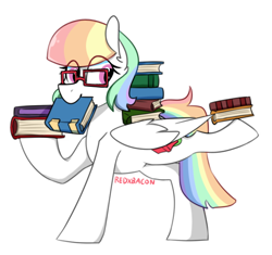 Size: 582x547 | Tagged: safe, artist:redxbacon, derpibooru import, oc, oc:book worm, pegasus, pony, book, glasses, mouth hold, solo