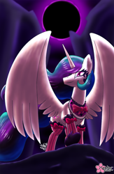 Size: 650x1000 | Tagged: safe, artist:clouddg, princess celestia, alicorn, pony, bow, choker, clothes, eclipse, emo, goth, hot topic, looking at you, looking down, ponymania, smiling, solo, spread wings, stockings