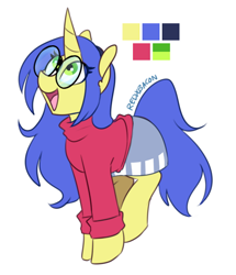 Size: 476x553 | Tagged: safe, artist:redxbacon, derpibooru import, oc, oc only, oc:logical leap, pony, unicorn, clothes, female, glasses, mare, simple background, skirt, solo, sweater, white background