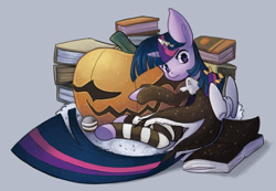 Size: 1070x742 | Tagged: safe, artist:solar-slash, twilight sparkle, unicorn twilight, pony, unicorn, book, bow, clothes, dress, female, goth, gothic, halloween, holiday, jack-o-lantern, long tail, looking at you, mare, pumpkin, socks, solo, striped socks, thigh highs