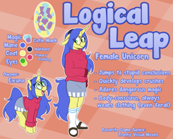 Size: 1393x1119 | Tagged: safe, artist:redxbacon, derpibooru import, oc, oc only, oc:logical leap, anthro, plantigrade anthro, pony, unicorn, anthro oc, anthro with ponies, clothes, cute, female, glasses, grin, hairband, mare, miniskirt, ocbetes, reference sheet, sandals, shy, shy smile, skirt, smiling, socks, solo, sweater