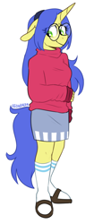 Size: 392x933 | Tagged: safe, artist:redxbacon, derpibooru import, oc, oc only, oc:logical leap, anthro, plantigrade anthro, pony, unicorn, anthro oc, clothes, commission, cute, female, glasses, hairband, mare, miniskirt, sandals, shy, shy smile, simple background, skirt, smiling, socks, socks with sandals, solo, sweater, white background