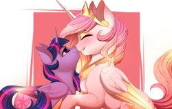 Size: 3000x1890 | Tagged: safe, artist:evehly, derpibooru import, princess celestia, twilight sparkle, twilight sparkle (alicorn), alicorn, pony, adorable face, blushing, boop, chest fluff, colored wings, colored wingtips, cute, eyes closed, eyeshadow, female, fluffy, glow, gradient wings, grin, lesbian, licking, lidded eyes, makeup, mare, multicolored wings, noseboop, nuzzling, raised hoof, shipping, shoulder fluff, smiling, tongue out, twilestia, wing fluff