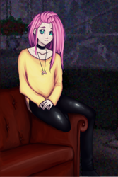 Size: 1000x1500 | Tagged: safe, artist:kira-minami, derpibooru import, fluttershy, human, breasts, clothes, cute, cutie mark necklace, delicious flat chest, flattershy, goth, humanized, jewelry, looking at you, necklace, pants, room, scenery, shyabetes, sitting, smiling, sofa, solo, tight clothing