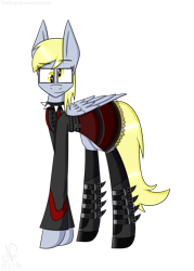 Size: 755x1057 | Tagged: safe, artist:natikop, derpy hooves, pegasus, pony, belt, boots, choker, clothes, dress, female, goth, gothic, looking at you, mare, solo, spiked choker