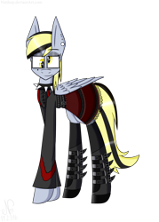 Size: 2500x3500 | Tagged: safe, artist:natikop, derpy hooves, pegasus, pony, alternate hairstyle, belt, boots, choker, clothes, dress, dyed mane, ear piercing, earring, eyeshadow, female, goth, gothic, hair dye, jewelry, looking at you, makeup, mane dye, mare, nose piercing, nose ring, piercing, solo, spiked choker