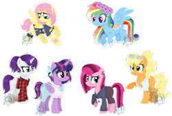 Size: 1024x693 | Tagged: safe, artist:saramanda101, artist:selenaede, derpibooru import, applejack, fluttershy, pinkie pie, rainbow dash, rarity, twilight sparkle, twilight sparkle (alicorn), alicorn, earth pony, pegasus, pony, unicorn, alternate hairstyle, alternate universe, bandage, bandaid, base used, boots, bow, clothes, dress, ear piercing, earring, flannel, floral head wreath, flower, freckles, goth, gun, hair bow, hoodie, jacket, jewelry, knife, mane six, open mouth, pants, piercing, pinkie pie is not amused, ponytail, punk, saddle, shoes, simple background, skirt, sunglasses, tack, tomboy, transparent background, unamused, weapon