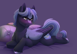 Size: 2874x2000 | Tagged: safe, artist:evehly, derpibooru import, oc, oc only, oc:moonbeam, pegasus, pony, bed, blushing, colored wings, commission, fangs, male, multicolored wings, pillow, prone, simple background, solo, stallion, unshorn fetlocks