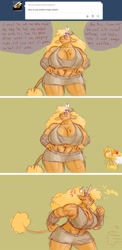 Size: 900x1841 | Tagged: safe, artist:weasselk, braeburn, little strongheart, anthro, buffalo, angry, ask strongheart, big breasts, big strongheart, braeheart, breasts, busty little strongheart, cheeky, comic, female, huge breasts, impossibly large breasts, male, muscles, shipping, straight, strong fat, thumbs up, tumblr