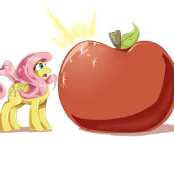 Size: 800x800 | Tagged: safe, artist:sirmasterdufel, fluttershy, bat pony, pony, apple, flutterbat, giant apple, race swap, solo, that pony sure does love apples