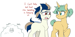 Size: 1327x668 | Tagged: safe, artist:redxbacon, derpibooru import, oc, oc only, oc:lemon lime (ender), oc:sub-base ensemble, earth pony, pony, unicorn, bush, concerned, following, hiding in bushes, looking at each other, stalker, stalking