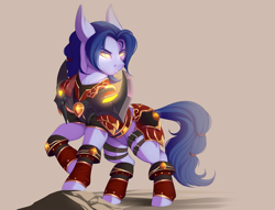 Size: 1280x976 | Tagged: safe, artist:evehly, derpibooru import, oc, oc only, oc:madkelevra, earth pony, pony, armor, commission, glowing eyes, male, raised hoof, simple background, solo, stallion, warcraft, world of warcraft