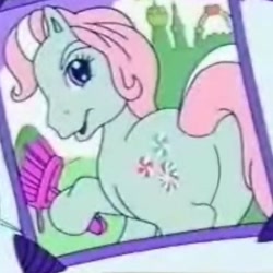 Size: 911x911 | Tagged: safe, screencap, minty, pony, a charming birthday, g3, butt, female, lowres, mare, photo, plot, ponyville surprise birthday book, solo, the ass was fat