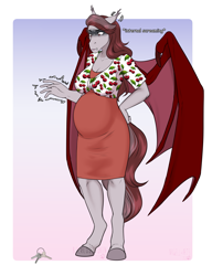 Size: 2865x3730 | Tagged: safe, artist:blackblood-queen, derpibooru import, oc, oc only, oc:scarlet quill, anthro, bat pony, unguligrade anthro, anthro oc, bat pony oc, bat wings, belly, big belly, clothes, commission, digital art, ear twitch, fangs, female, gradient background, internal screaming, key, pregnant, simple background, solo, wings