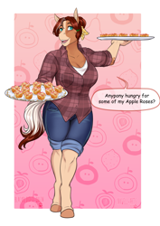 Size: 2865x4051 | Tagged: safe, artist:blackblood-queen, derpibooru import, oc, oc only, oc:honeycrisp meadow, anthro, earth pony, unguligrade anthro, anthro oc, big breasts, breasts, cleavage, clothes, commission, desert, dialogue, digital art, earth pony oc, female, grandmother, hair bun, mare, plaid shirt, shirt, smiling, solo, speech bubble