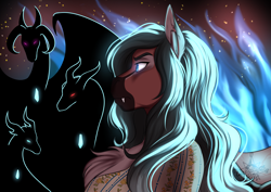 Size: 4051x2865 | Tagged: safe, artist:blackblood-queen, derpibooru import, oc, oc only, oc:lady lovegreen, anthro, anthro oc, chest fluff, clothes, curved horn, digital art, fangs, female, fire, horn, mare, red eyes, silhouette, slit eyes, story in the source, torn ear