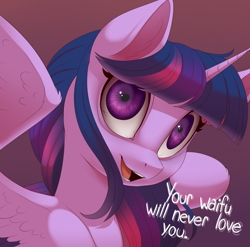 Size: 1681x1661 | Tagged: safe, artist:evehly, derpibooru import, twilight sparkle, twilight sparkle (alicorn), alicorn, pony, anti-bronybait, bloodshot eyes, bronybait, brutal honesty, bust, crazy eyes, dead eyes, dialogue, ear fluff, female, gradient background, honesty, looking at you, mare, open mouth, public service announcement, reality sucks, smiling, solo, spread wings, truth, waifu, wide eyes, wings, your waifu will never love you