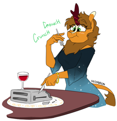 Size: 916x951 | Tagged: safe, artist:redxbacon, derpibooru import, oc, oc:pumpkin breeze, anthro, kirin, alcohol, eating, female, toaster, wat, wine