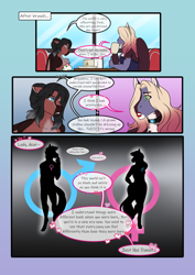 Size: 3472x4911 | Tagged: safe, artist:blackblood-queen, derpibooru import, oc, oc only, oc:brigadeiro drizzle, oc:dusk flame, oc:lady lovegreen, anthro, dracony, dragon, hybrid, pegasus, pony, unguligrade anthro, comic:be there, anthro oc, comic, crossdressing, dialogue, drag queen, eyeshadow, fangs, hair over one eye, lipstick, makeup, pegasus oc, sitting, slit eyes, speech bubble, wings