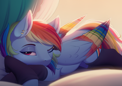 Size: 3700x2610 | Tagged: safe, artist:evehly, derpibooru import, rainbow dash, pegasus, pony, backwards cutie mark, bedroom eyes, clothes, colored wings, cute, ear piercing, female, leg warmers, looking at you, mare, multicolored wings, piercing, prone, rainbow wings, sleepy, socks, solo, sweet dreams fuel, wallpaper