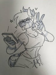 Size: 1536x2048 | Tagged: safe, artist:redxbacon, derpibooru import, oc, oc only, oc:zeyna, anthro, zebra, clothes, female, glasses, midriff, peace sign, phone, shorts, solo, sports bra, sports shorts, tongue out, traditional art