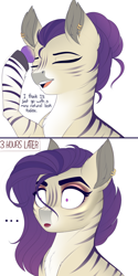 Size: 1500x3000 | Tagged: safe, artist:evehly, derpibooru import, oc, oc only, oc:nikki, hybrid, zebra, zebroid, zonkey, ..., 2 panel comic, bust, chest fluff, comic, dialogue, ear fluff, ear piercing, earring, eyes closed, eyeshadow, female, frown, hoof hold, jewelry, lipstick, makeup, mare, messy mane, open mouth, piercing, quadrupedal, simple background, smiling, solo, white background, wide eyes, zebra oc