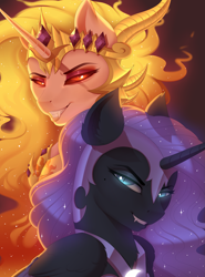 Size: 2791x3777 | Tagged: safe, artist:evehly, derpibooru import, daybreaker, nightmare moon, nightmare star, alicorn, pony, duo, fangs, female, grin, looking at you, mare, smiling