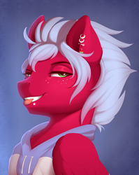 Size: 2587x3250 | Tagged: safe, artist:evehly, derpibooru import, oc, oc only, oc:melon frost, biting, bust, clothes, ear piercing, earring, freckles, hoodie, jewelry, lip piercing, piercing, smiling, snake bites, solo, tongue bite, tongue out