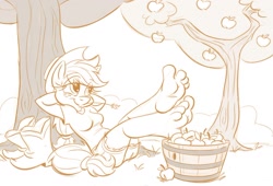 Size: 1280x871 | Tagged: safe, artist:kuroi-wolf, applejack, anthro, plantigrade anthro, apple, barefoot, boots, breasts, feet, female, foot fetish, foot focus, monochrome, orchard, relaxing, resting, smiling, soles, solo, toes, tree