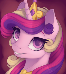 Size: 1280x1434 | Tagged: safe, artist:evehly, derpibooru import, edit, princess cadance, alicorn, pony, bust, close-up, colored pupils, crown, cute, cutedance, eyebrows, eyelashes, female, hair, horn, jewelry, looking at you, mare, milf, mother, multicolored hair, pink fur, portrait, purple eyes, regalia, royalty, smiling, solo, tiara