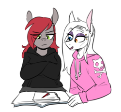 Size: 540x502 | Tagged: safe, artist:redxbacon, derpibooru import, oc, oc only, oc:cherry stone, oc:rubber bunny, anthro, anthro oc, clothes, duo, female, heterochromia, hoodie, mare, simple background, white background