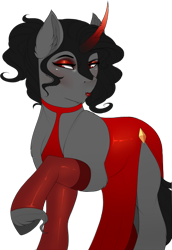 Size: 482x700 | Tagged: safe, alternate version, artist:evehly, derpibooru import, edit, king sombra, pony, alternate hairstyle, beautiful, clothes, curved horn, cute, dress, female, lidded eyes, lipstick, makeup, male, queen sombrina the pansexual trans woman, red eyes, simple background, solo, sombradorable, stockings, thigh highs, trans girl, transgender, transparent background, trap, unshorn fetlocks