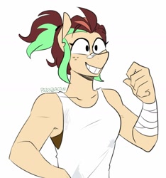 Size: 1205x1285 | Tagged: safe, artist:redxbacon, derpibooru import, oc, oc only, anthro, bandage, clothes, female, oc needed, simple background, tanktop, white background